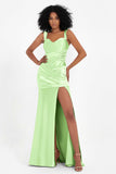 Stretch Satin Mermaid Bridesmaid Dress Sleeveless Pleated Formal Evening Dresses with Slit