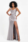 Stretch Satin Mermaid Bridesmaid Dress Sleeveless Pleated Formal Evening Dresses with Slit