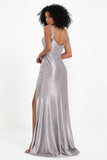 Stretch Satin Mermaid Bridesmaid Dress Sleeveless Pleated Formal Evening Dresses with Slit