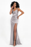 Stretch Satin Mermaid Bridesmaid Dress Sleeveless Pleated Formal Evening Dresses with Slit