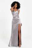 Stretch Satin Mermaid Bridesmaid Dress Sleeveless Pleated Formal Evening Dresses with Slit