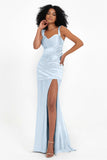 Stretch Satin Mermaid Bridesmaid Dress Sleeveless Pleated Formal Evening Dresses with Slit