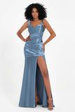 Stretch Satin Mermaid Bridesmaid Dress Sleeveless Pleated Formal Evening Dresses with Slit