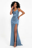 Stretch Satin Mermaid Bridesmaid Dress Sleeveless Pleated Formal Evening Dresses with Slit
