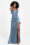 Stretch Satin Mermaid Bridesmaid Dress Sleeveless Pleated Formal Evening Dresses with Slit