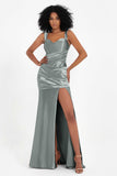 Stretch Satin Mermaid Bridesmaid Dress Sleeveless Pleated Formal Evening Dresses with Slit