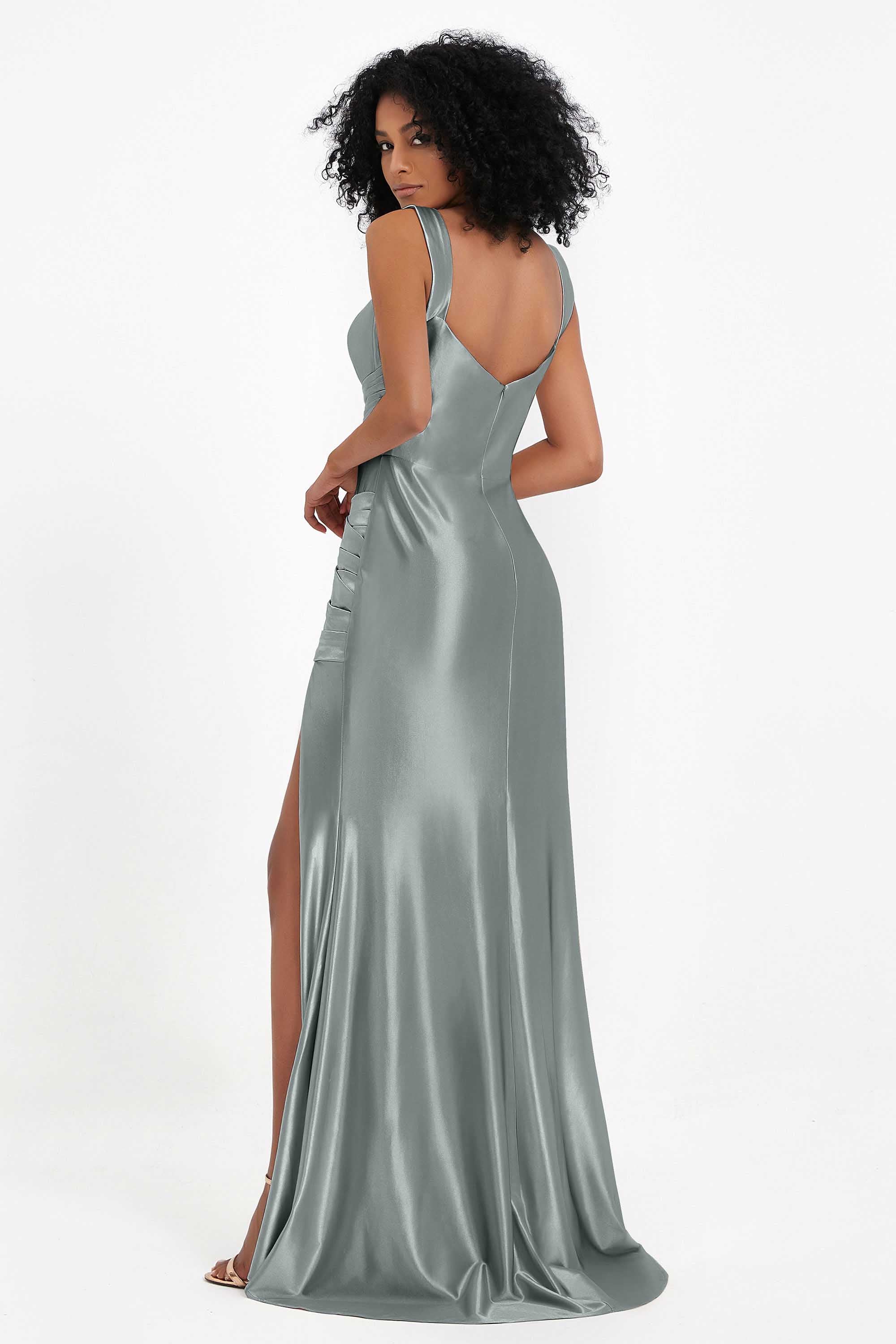 Stretch Satin Mermaid Bridesmaid Dress Sleeveless Pleated Formal Evening Dresses with Slit