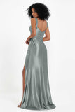 Stretch Satin Mermaid Bridesmaid Dress Sleeveless Pleated Formal Evening Dresses with Slit