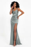 Stretch Satin Mermaid Bridesmaid Dress Sleeveless Pleated Formal Evening Dresses with Slit