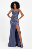 Stretch Satin Mermaid Bridesmaid Dress Sleeveless Pleated Formal Evening Dresses with Slit