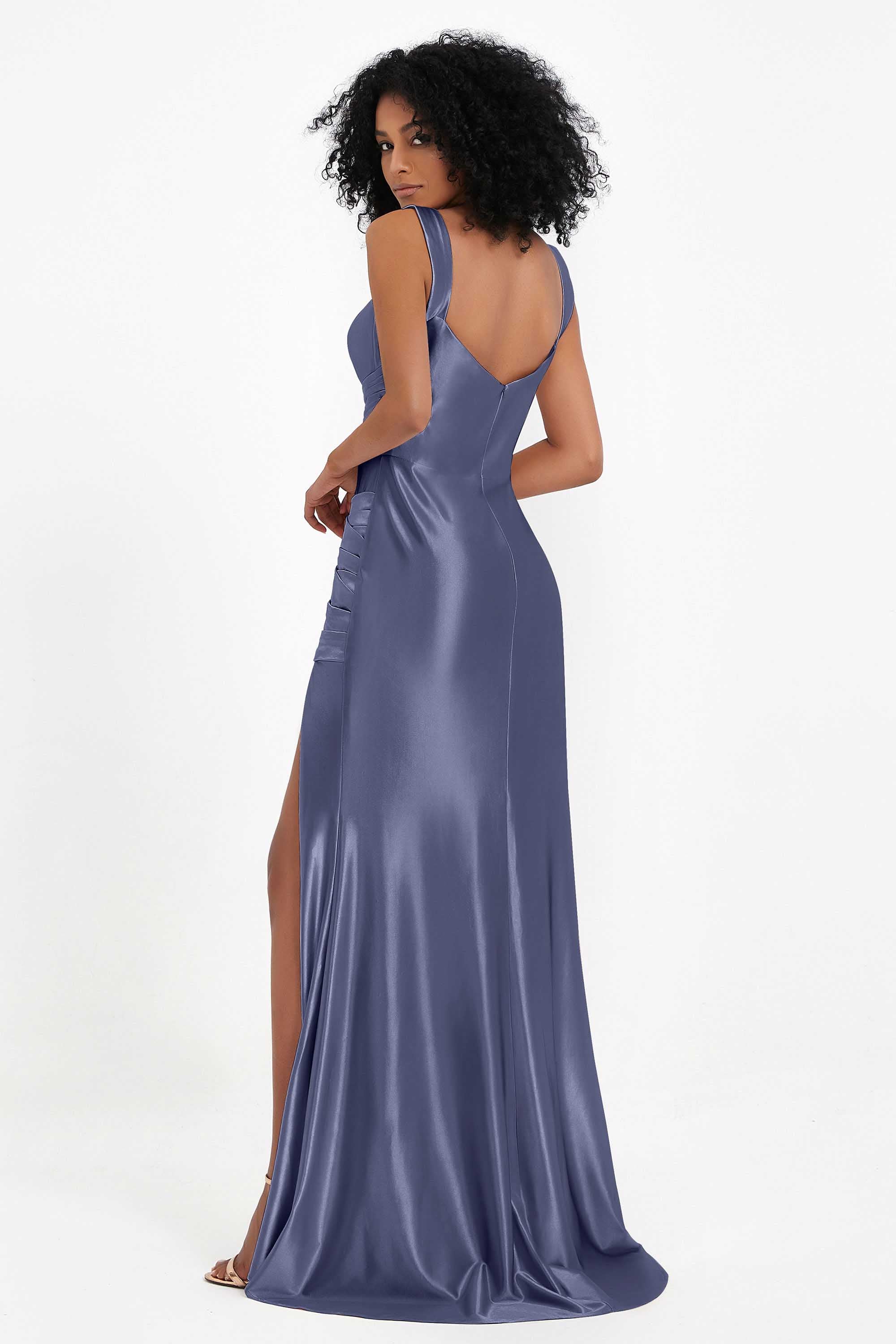 Stretch Satin Mermaid Bridesmaid Dress Sleeveless Pleated Formal Evening Dresses with Slit