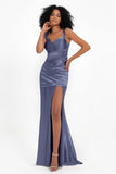 Stretch Satin Mermaid Bridesmaid Dress Sleeveless Pleated Formal Evening Dresses with Slit