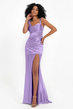 Stretch Satin Mermaid Bridesmaid Dress Sleeveless Pleated Formal Evening Dresses with Slit