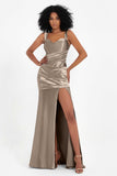 Stretch Satin Mermaid Bridesmaid Dress Sleeveless Pleated Formal Evening Dresses with Slit