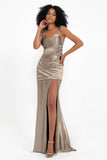 Stretch Satin Mermaid Bridesmaid Dress Sleeveless Pleated Formal Evening Dresses with Slit