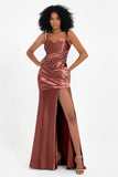 Stretch Satin Mermaid Bridesmaid Dress Sleeveless Pleated Formal Evening Dresses with Slit