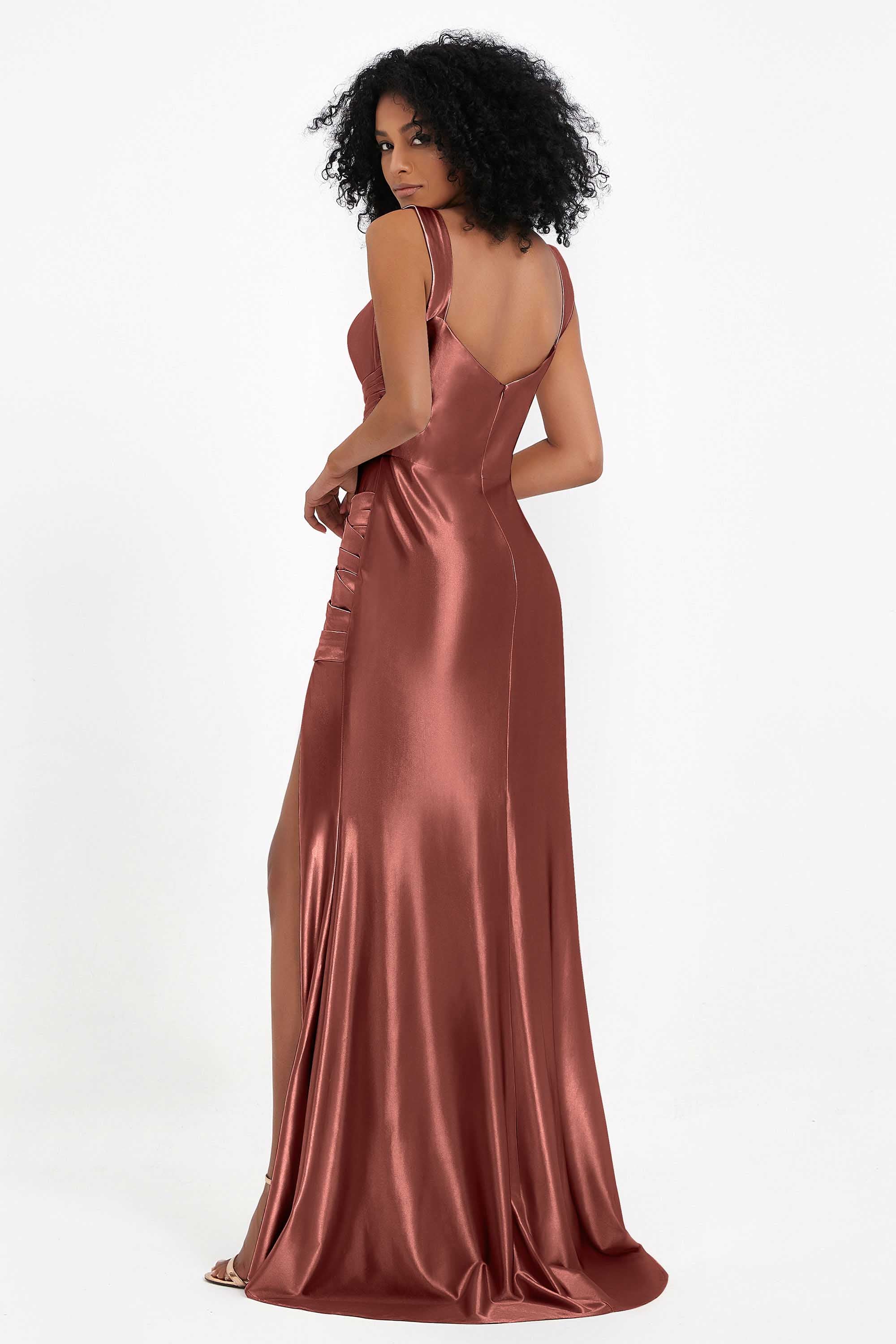Stretch Satin Mermaid Bridesmaid Dress Sleeveless Pleated Formal Evening Dresses with Slit