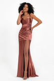 Stretch Satin Mermaid Bridesmaid Dress Sleeveless Pleated Formal Evening Dresses with Slit