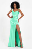 Stretch Satin Mermaid Bridesmaid Dress Sleeveless Pleated Formal Evening Dresses with Slit