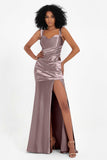 Stretch Satin Mermaid Bridesmaid Dress Sleeveless Pleated Formal Evening Dresses with Slit
