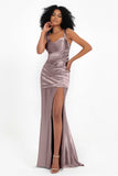 Stretch Satin Mermaid Bridesmaid Dress Sleeveless Pleated Formal Evening Dresses with Slit