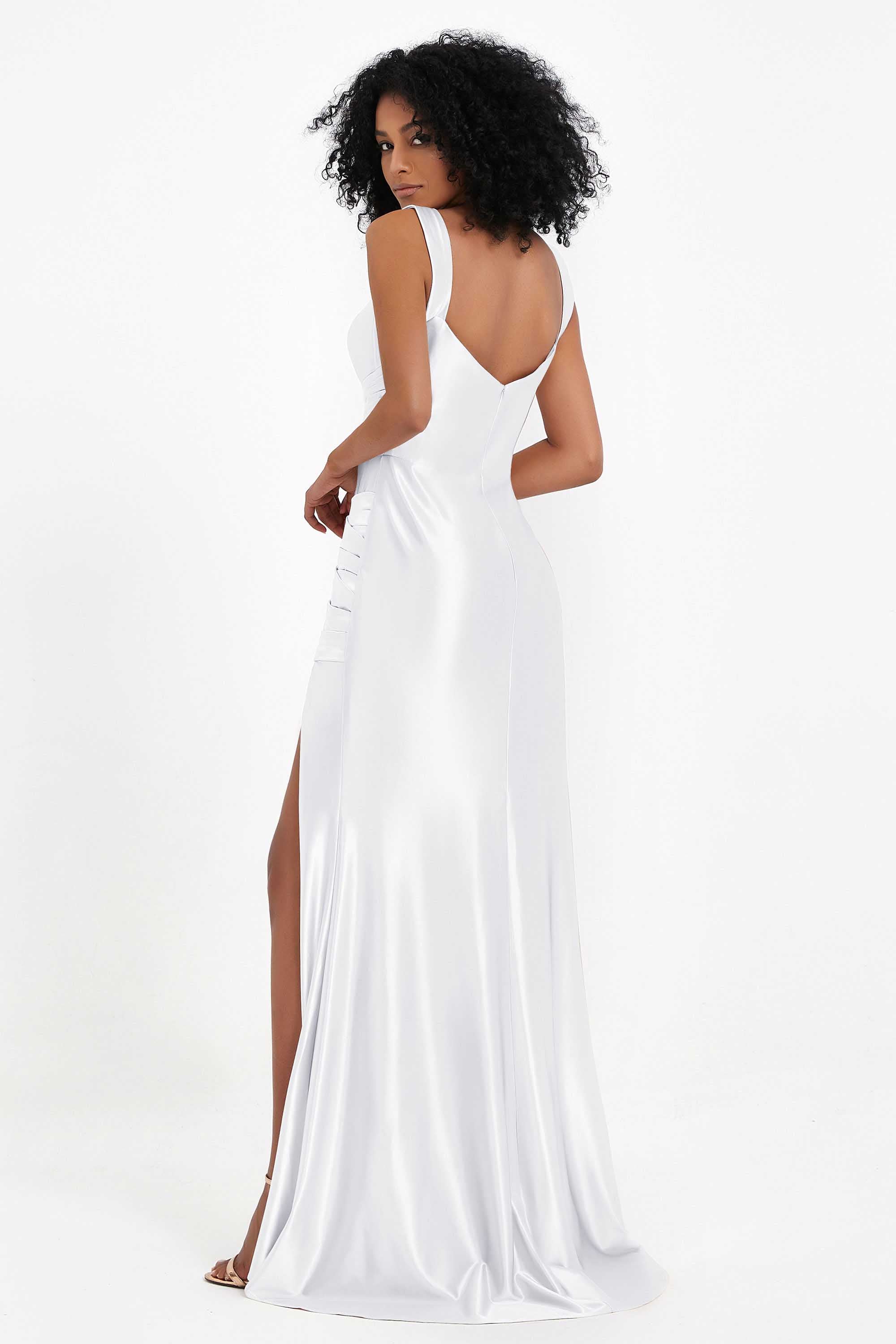 Stretch Satin Mermaid Bridesmaid Dress Sleeveless Pleated Formal Evening Dresses with Slit