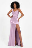 Stretch Satin Mermaid Bridesmaid Dress Sleeveless Pleated Formal Evening Dresses with Slit