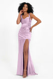 Stretch Satin Mermaid Bridesmaid Dress Sleeveless Pleated Formal Evening Dresses with Slit