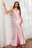 Spaghetti Straps Applique Mermaid Satin Sweep Train Formal Evening Gown Prom Party Dresses