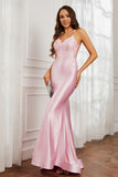 Spaghetti Straps Applique Mermaid Satin Sweep Train Formal Evening Gown Prom Party Dresses