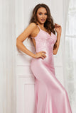 Spaghetti Straps Applique Mermaid Satin Sweep Train Formal Evening Gown Prom Party Dresses