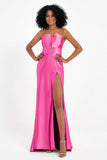 Straight Across Stretch Satin Sheath Formal Evening Dresses with Slit Long Prom Party Dress
