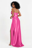 Straight Across Stretch Satin Sheath Formal Evening Dresses with Slit Long Prom Party Dress