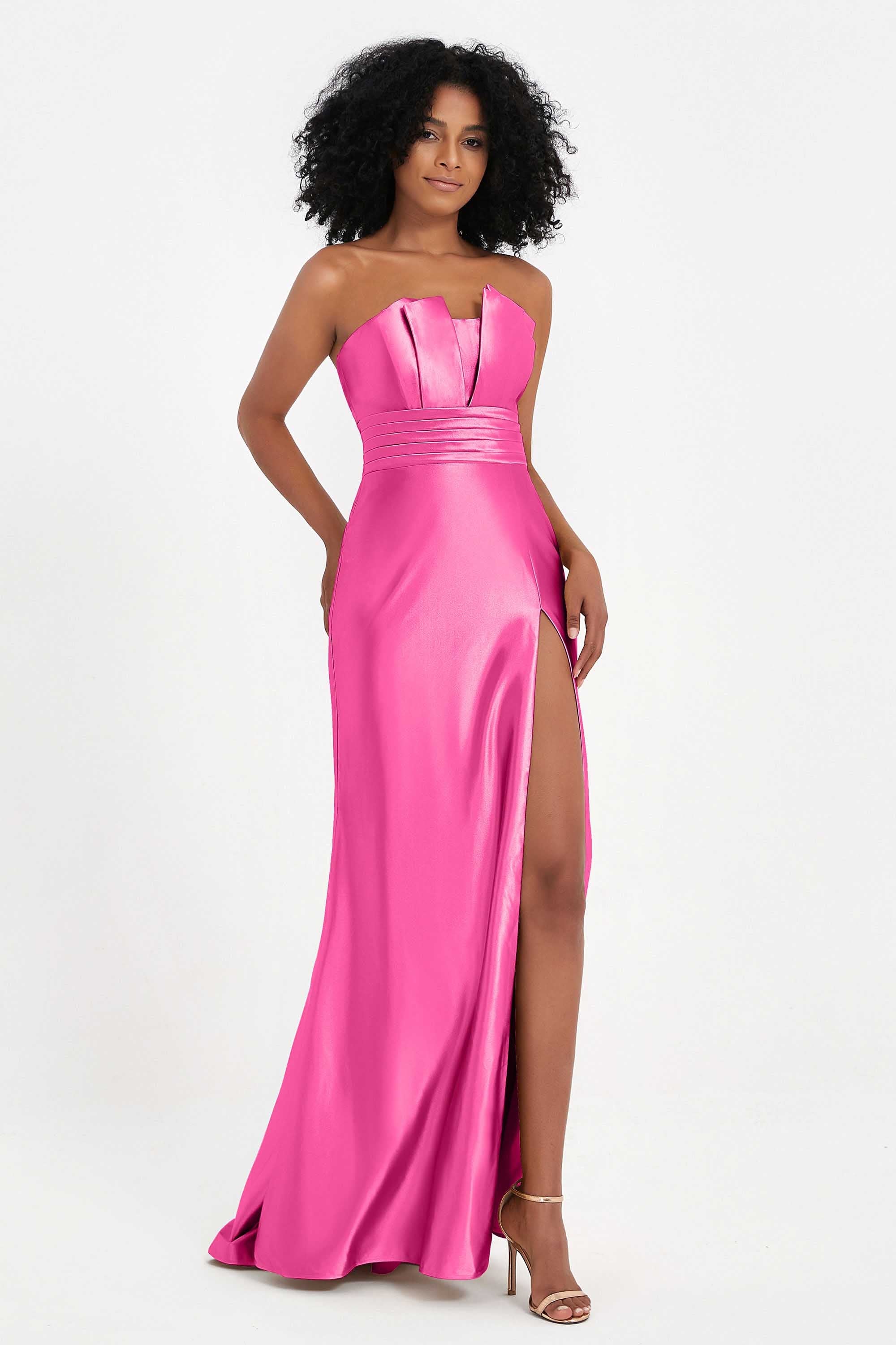 Straight Across Stretch Satin Sheath Formal Evening Dresses with Slit Long Prom Party Dress
