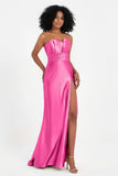 Straight Across Stretch Satin Sheath Formal Evening Dresses with Slit Long Prom Party Dress
