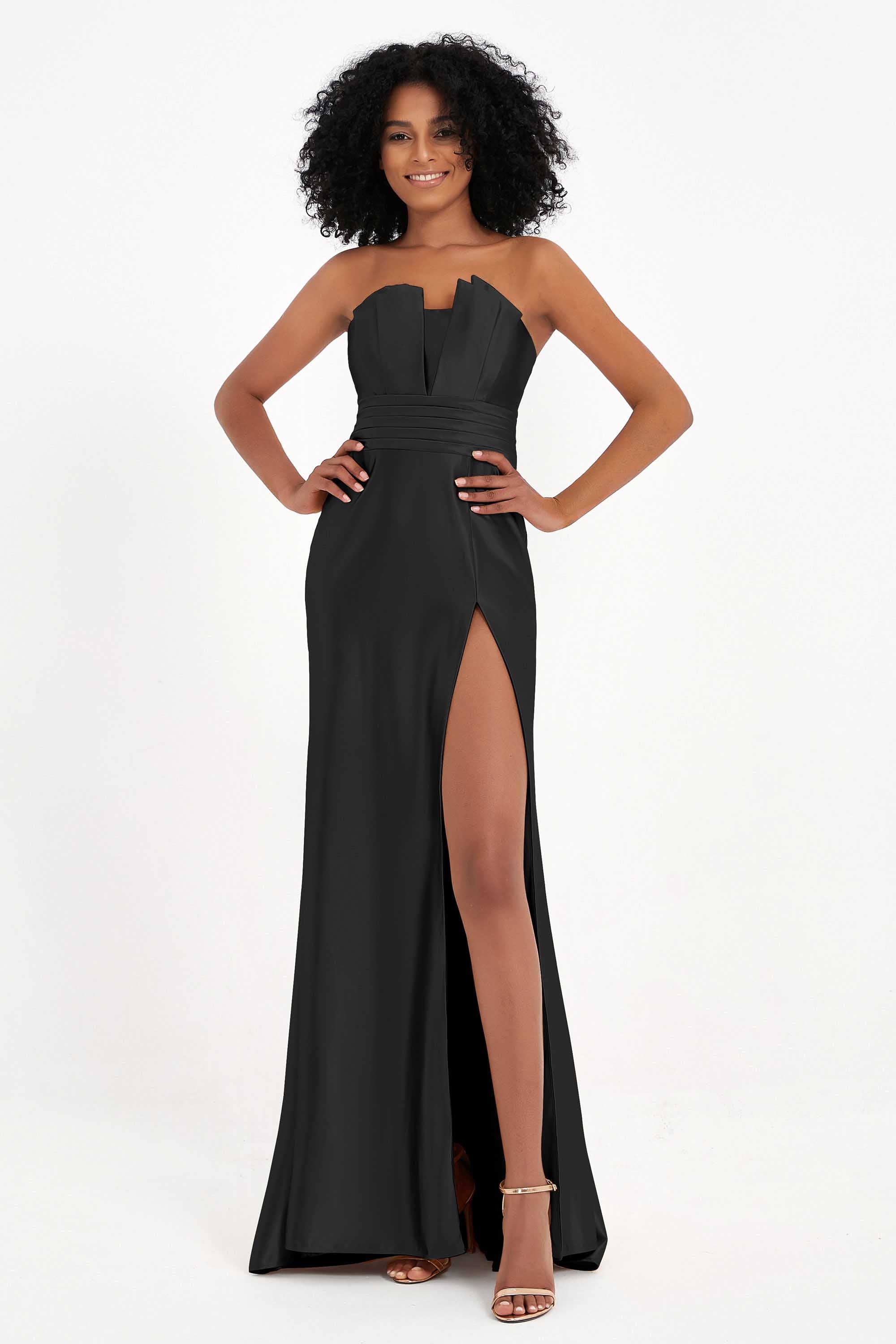 Straight Across Stretch Satin Sheath Formal Evening Dresses with Slit Long Prom Party Dress