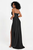 Straight Across Stretch Satin Sheath Formal Evening Dresses with Slit Long Prom Party Dress