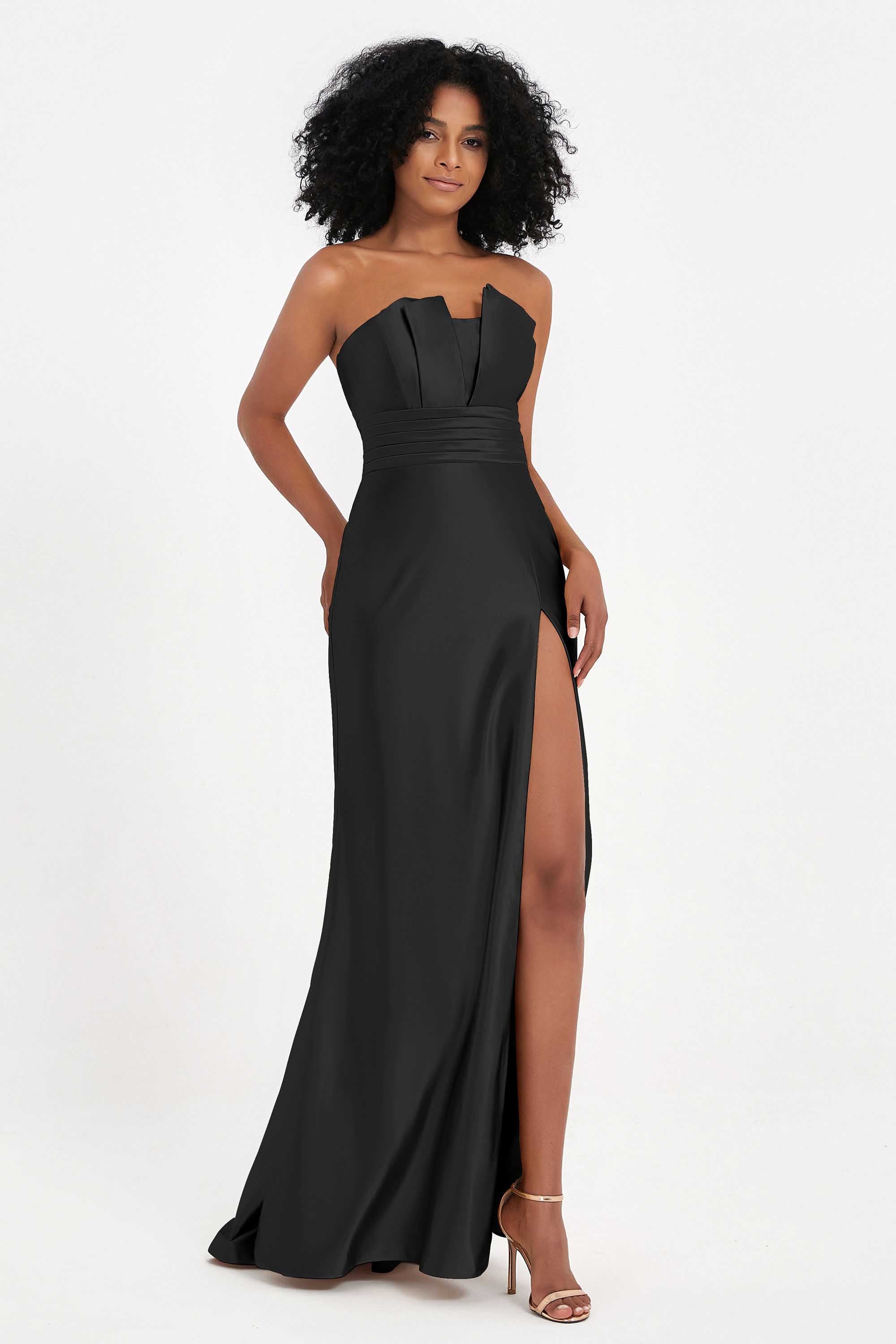 Straight Across Stretch Satin Sheath Formal Evening Dresses with Slit Long Prom Party Dress