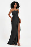 Straight Across Stretch Satin Sheath Formal Evening Dresses with Slit Long Prom Party Dress