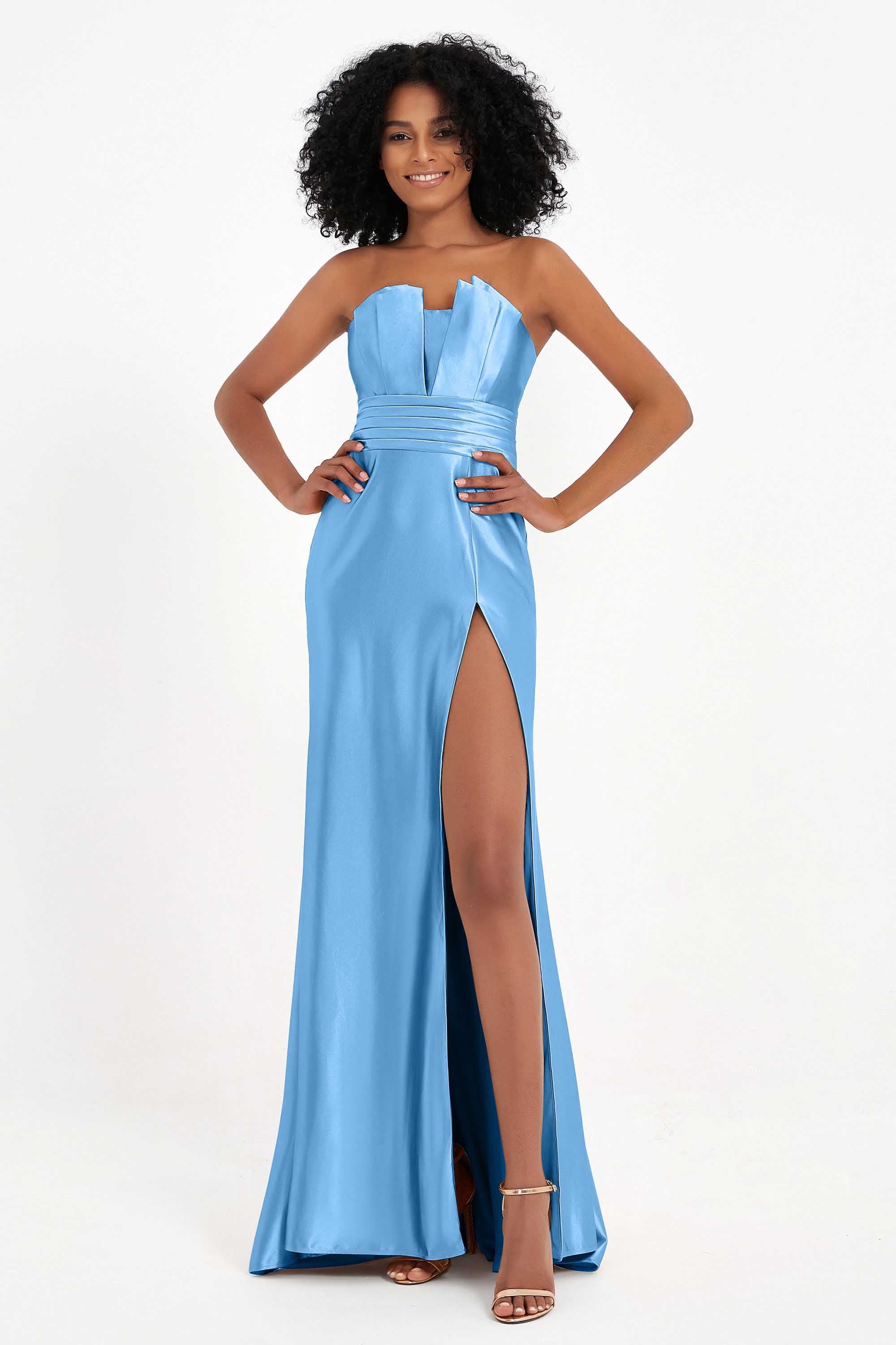 Straight Across Stretch Satin Sheath Formal Evening Dresses with Slit Long Prom Party Dress