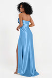 Straight Across Stretch Satin Sheath Formal Evening Dresses with Slit Long Prom Party Dress