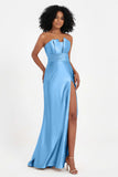 Straight Across Stretch Satin Sheath Formal Evening Dresses with Slit Long Prom Party Dress