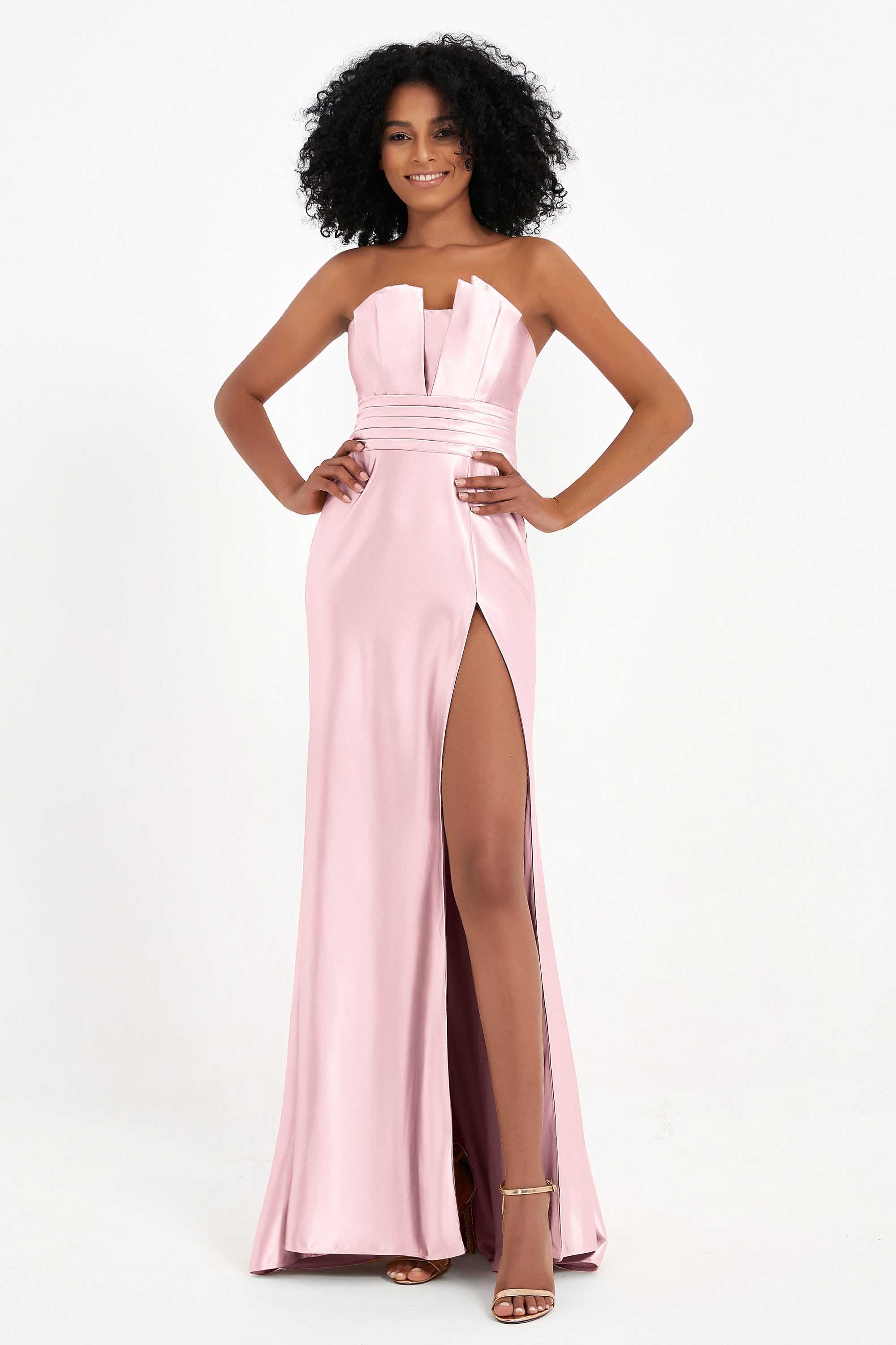 Straight Across Stretch Satin Sheath Formal Evening Dresses with Slit Long Prom Party Dress