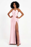 Straight Across Stretch Satin Sheath Formal Evening Dresses with Slit Long Prom Party Dress