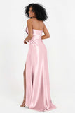 Straight Across Stretch Satin Sheath Formal Evening Dresses with Slit Long Prom Party Dress