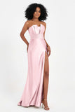 Straight Across Stretch Satin Sheath Formal Evening Dresses with Slit Long Prom Party Dress