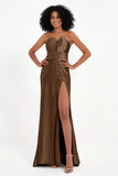Straight Across Stretch Satin Sheath Formal Evening Dresses with Slit Long Prom Party Dress