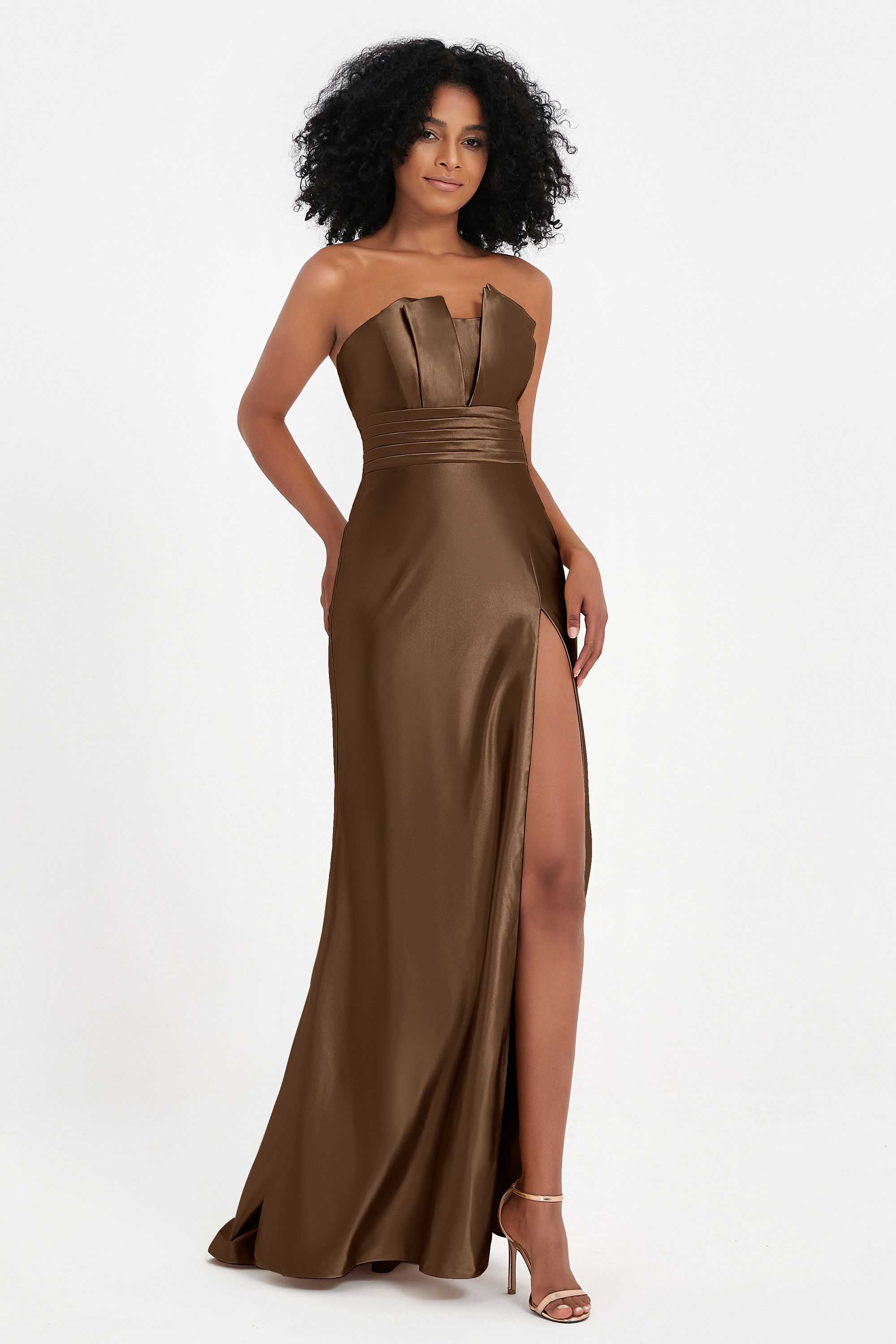 Straight Across Stretch Satin Sheath Formal Evening Dresses with Slit Long Prom Party Dress