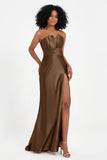Straight Across Stretch Satin Sheath Formal Evening Dresses with Slit Long Prom Party Dress