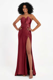 Straight Across Stretch Satin Sheath Formal Evening Dresses with Slit Long Prom Party Dress